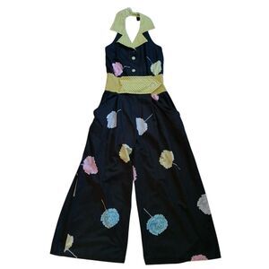 VTG JEANNE MARC Jumpsuit Sz S Art to wear Boho 80s Black Floral Festival Halter
